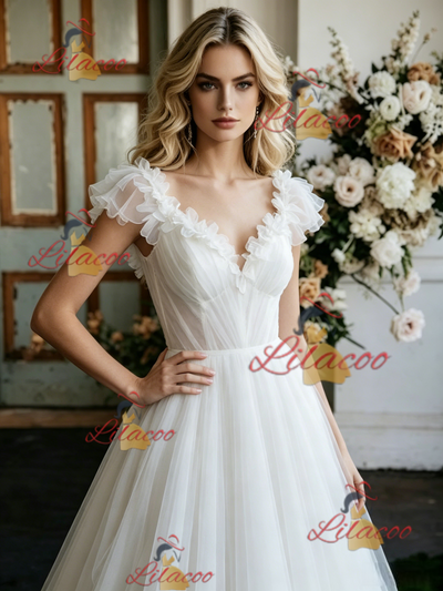 White Tulle V-neck Flower Wedding Dress