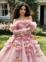 Pink Tulle Long Sleeve Flower Quinceanera Dress