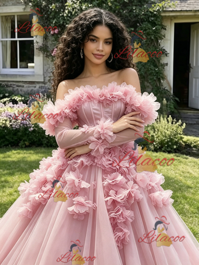Pink Tulle Long Sleeve Flower Quinceanera Dress
