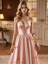 Pink Satin Spaghetti Straps Pleats Wedding Dress