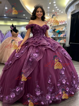 Purple Tulle Off the Shoulder 3D Flower Quinceanera Dress