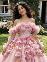 Pink Tulle Long Sleeve Flower Quinceanera Dress