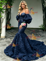 Navy Blue Mermaid Long Sleeve Prom Dress