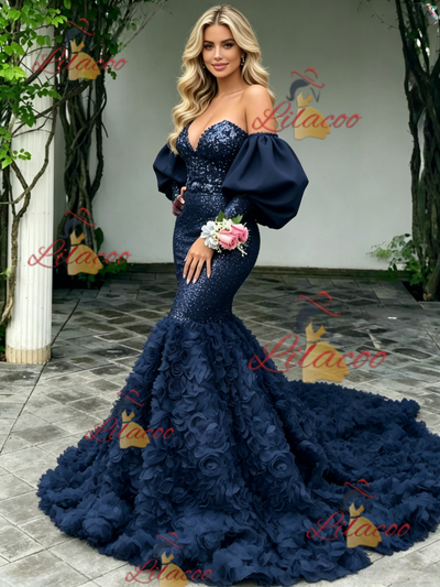 Navy Blue Mermaid Long Sleeve Prom Dress