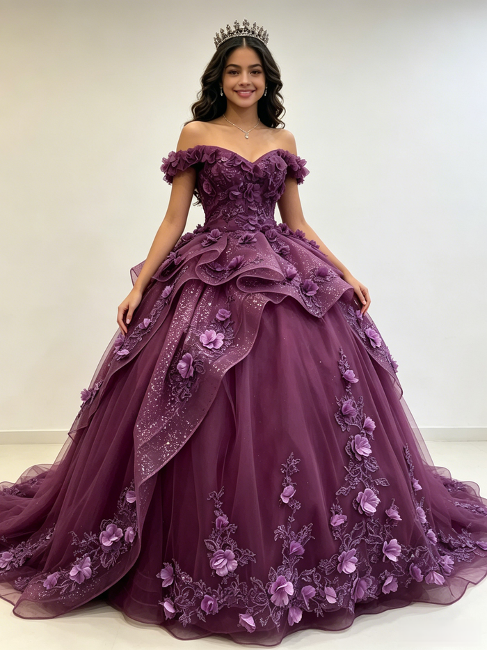 Purple Tulle Off the Shoulder 3D Flower Quinceanera Dress