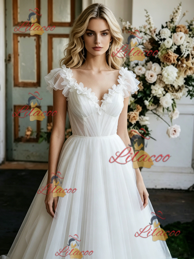 White Tulle V-neck Flower Wedding Dress