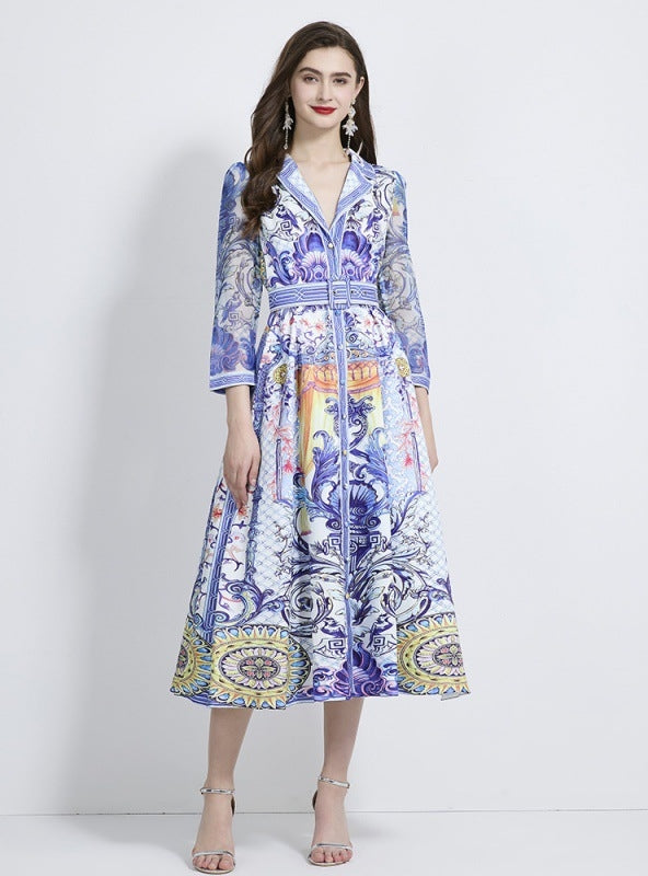Retro Printed Long-sleeved Long Ruffled Dress