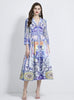 Retro Printed Long-sleeved Long Ruffled Dress