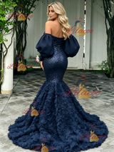 Navy Blue Mermaid Long Sleeve Prom Dress