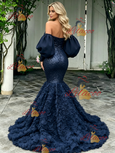 Navy Blue Mermaid Long Sleeve Prom Dress