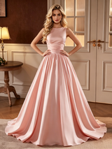 Pink Satin Scoop Neck Wedding Dress