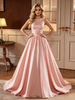Pink Satin Scoop Neck Wedding Dress