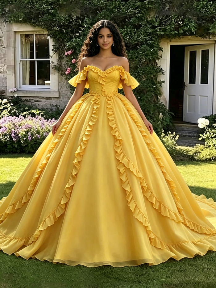 Yellow Tulle Off the Shoulder Quinceanera Dress