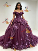 Purple Tulle Off the Shoulder 3D Flower Quinceanera Dress