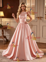 Pink Satin Scoop Neck Wedding Dress