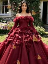 Burgundy Tulle Long Sleeve 3D Flower Quinceanera Dress
