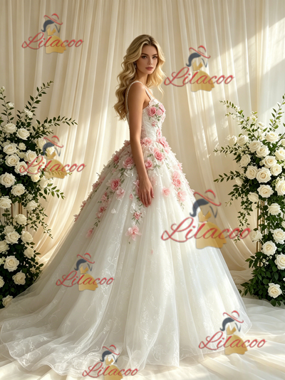 White Tulle Lace Straps 3D Appliques Wedding Dress