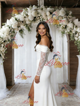 White Off the Shoulder Long Sleeve Split Wedding Dress