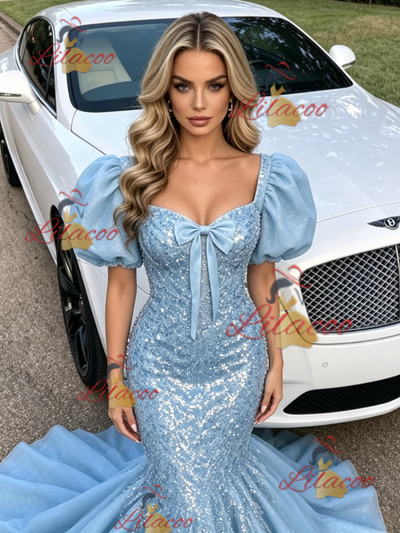Blue Mermaid Sequins Puff Sleeve Prom Dress
