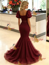 Burgundy Mermaid Tulle Puff Sleeve Prom Dress