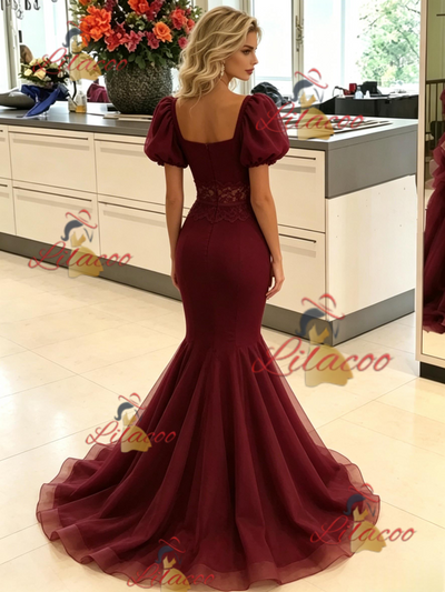 Burgundy Mermaid Tulle Puff Sleeve Prom Dress