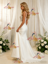 White Satin Lace Straps Wedding Dress