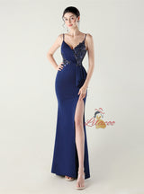 Mermaid Spaghetti Straps Sequins Split Prom Dress