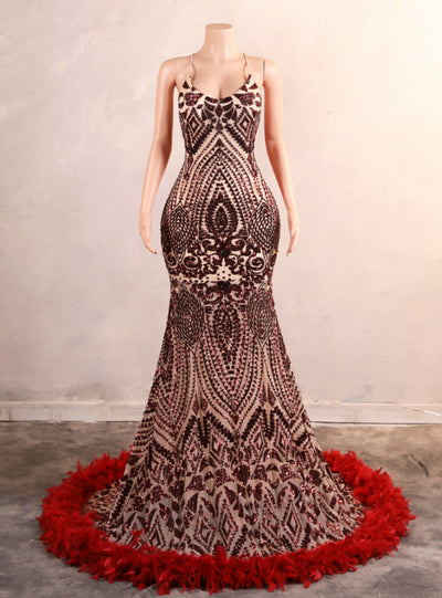 Burgundy Mermaid Sequins Feather Prom Dress