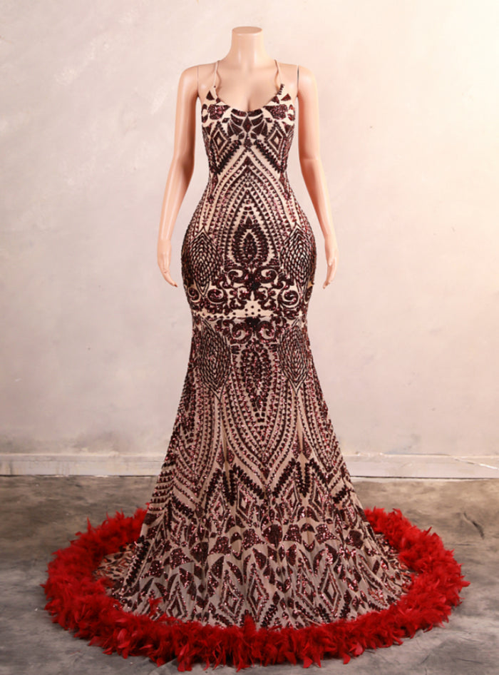 Burgundy Mermaid Sequins Feather Prom Dress