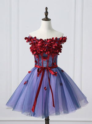 Purple Tulle Off the Shoulder Flower Homecoming Dress