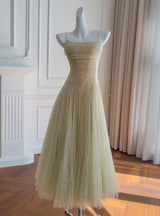 Green Lace Pleats Straps Prom Dress