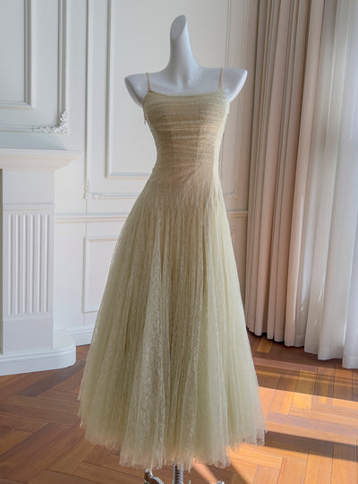 Green Lace Pleats Straps Prom Dress