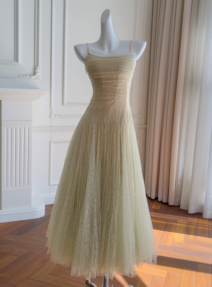 Green Lace Pleats Straps Prom Dress