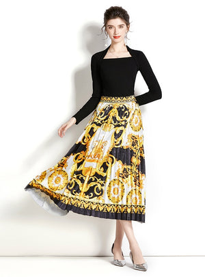 Retro Square Neck Top+Printed Pleated Skirt Suit