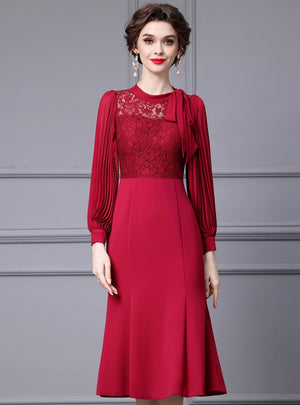 Long Sleeve Lace Pleats Mother Of The Bride Dress