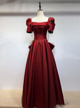 Burgundy Satin Square Neck Short Sleeve Prom Dress