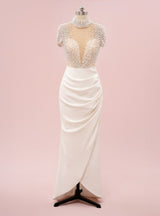 White Sheath Short Sleeve Pearls Prom Dress