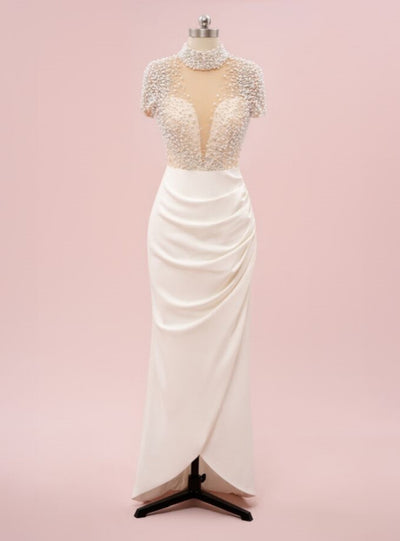 White Sheath Short Sleeve Pearls Prom Dress