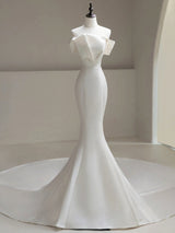 White Mermaid Satin Wedding Dress With Train