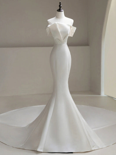 White Mermaid Satin Wedding Dress With Train