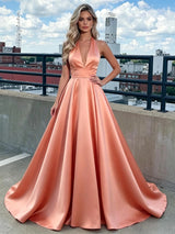 Orange Satin V-neck Prom Dress