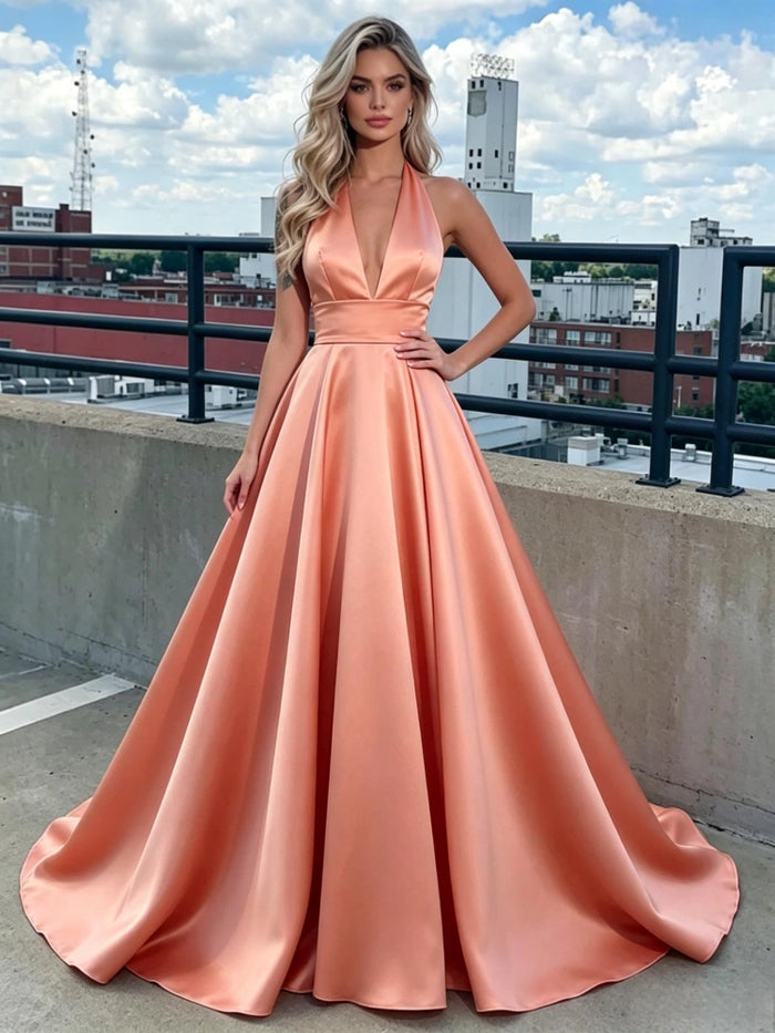 Orange Satin V-neck Prom Dress