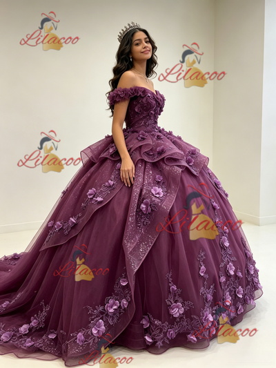 Purple Tulle Off the Shoulder 3D Flower Quinceanera Dress