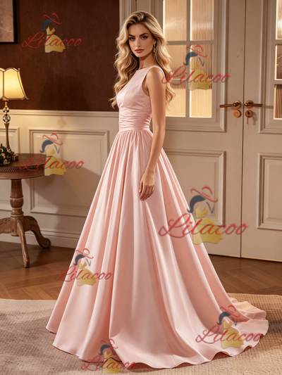 Pink Satin Scoop Neck Wedding Dress