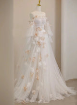 White Tulle Long Sleeve Pleats 3D Flower Prom Dress