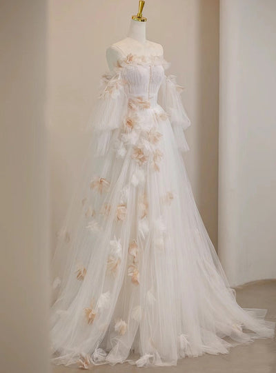 White Tulle Long Sleeve Pleats 3D Flower Prom Dress