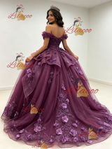 Purple Tulle Off the Shoulder 3D Flower Quinceanera Dress