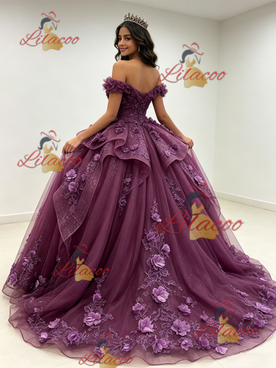Purple Tulle Off the Shoulder 3D Flower Quinceanera Dress