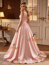 Pink Satin Scoop Neck Wedding Dress