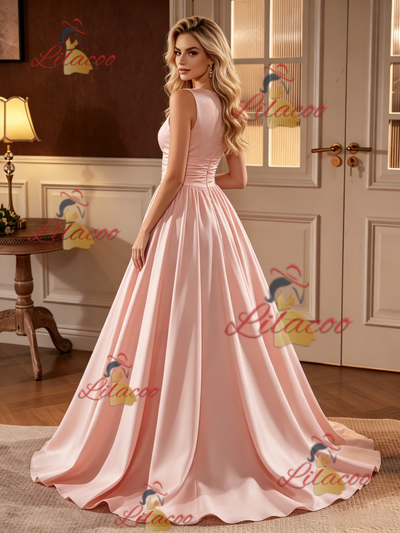 Pink Satin Scoop Neck Wedding Dress